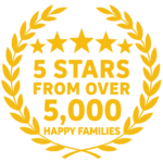 Gold award badge with five stars and a laurel wreath, reading '5 STARS FROM OVER 5,000 HAPPY FAMILIES'.